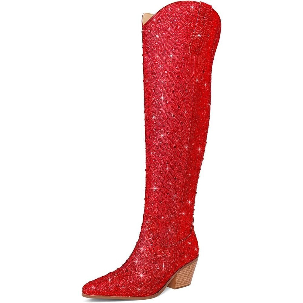 Women Red Faux Leather Sparkly Bling Rhinestone Over the Knee Cowboy Pull-OnBoot